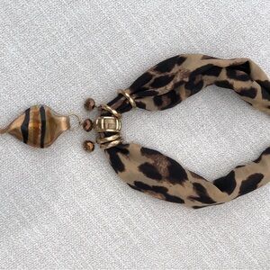 Chico's Leopard Print Scarf Necklace with Gold and Brown Accents